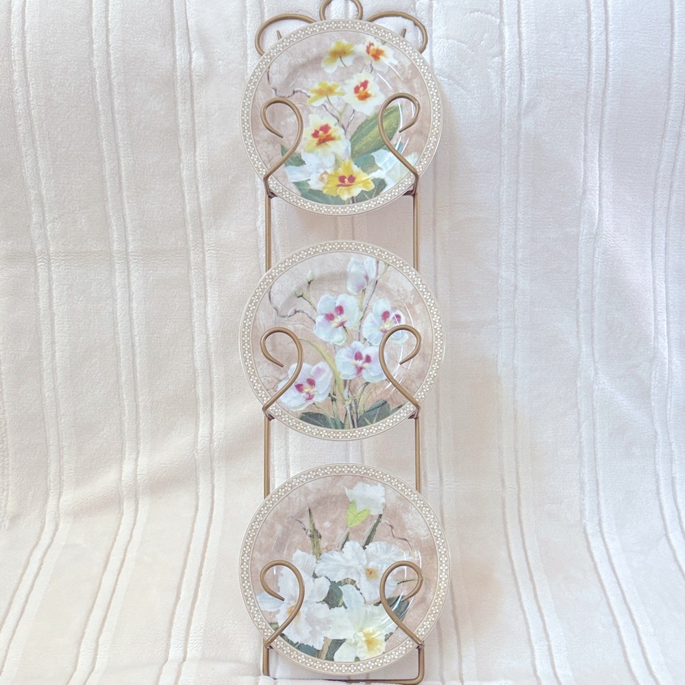 American Atelier Orchids 3 Porcelain Plates Set with wall mounted display stand